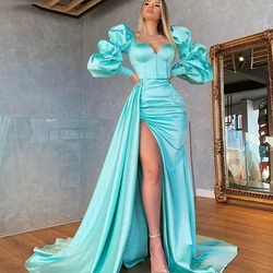 Long Sleeves Satin Floor Length Prom Dresses Brush Train A Line Sexy Evening Party Gown High Slit Pretty Vestido De Noche 2021
