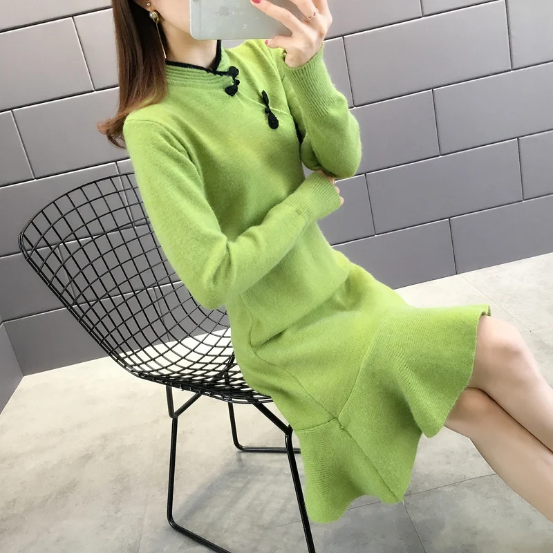 

13050 (3 rooms, 6 rows and 6 rows) New Cheongsam-style medium and long pure color dress 65jd