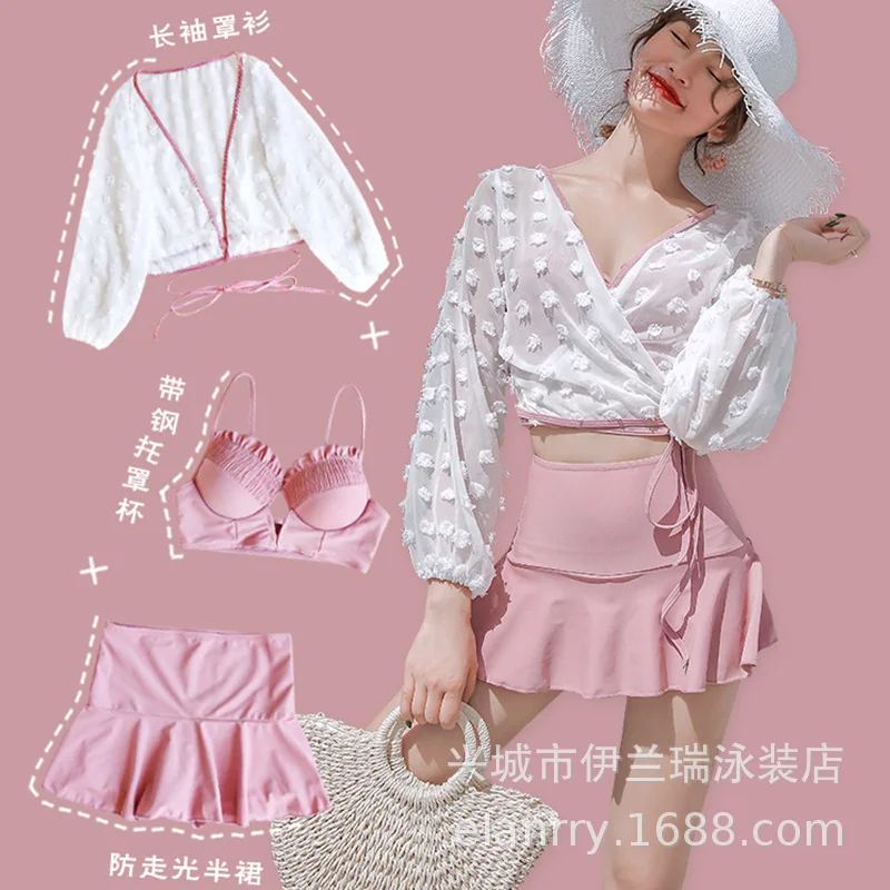 

Bathing Suit Three-piece Set GIRL'S INS-Style Conservative Belly Covering Slimming-Split Skirt Bikini Swimwear Graceful