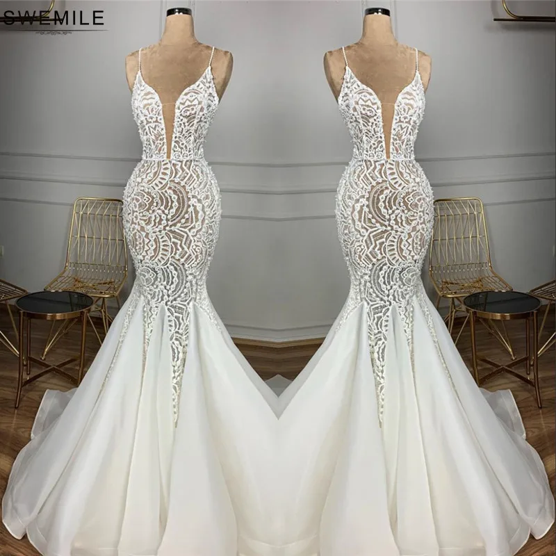 Романтическое кружевное свадебное платье русалки Vestido De Noiva сексуальное платье с глубоким v-образным вырезом на тонких бретельках Свадебные платья Robe De Mariee