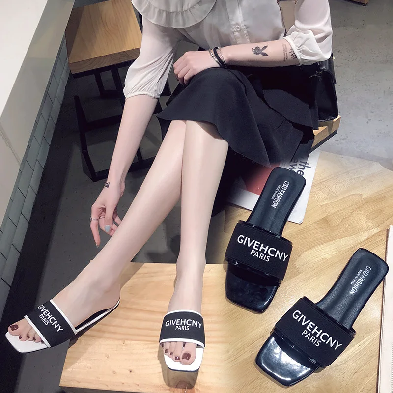 

2019 Summer New Style Online Celebrity Korean-style Simple Square Head Flat Sandals Women's Outer Wear Versitile Fashion Lettere