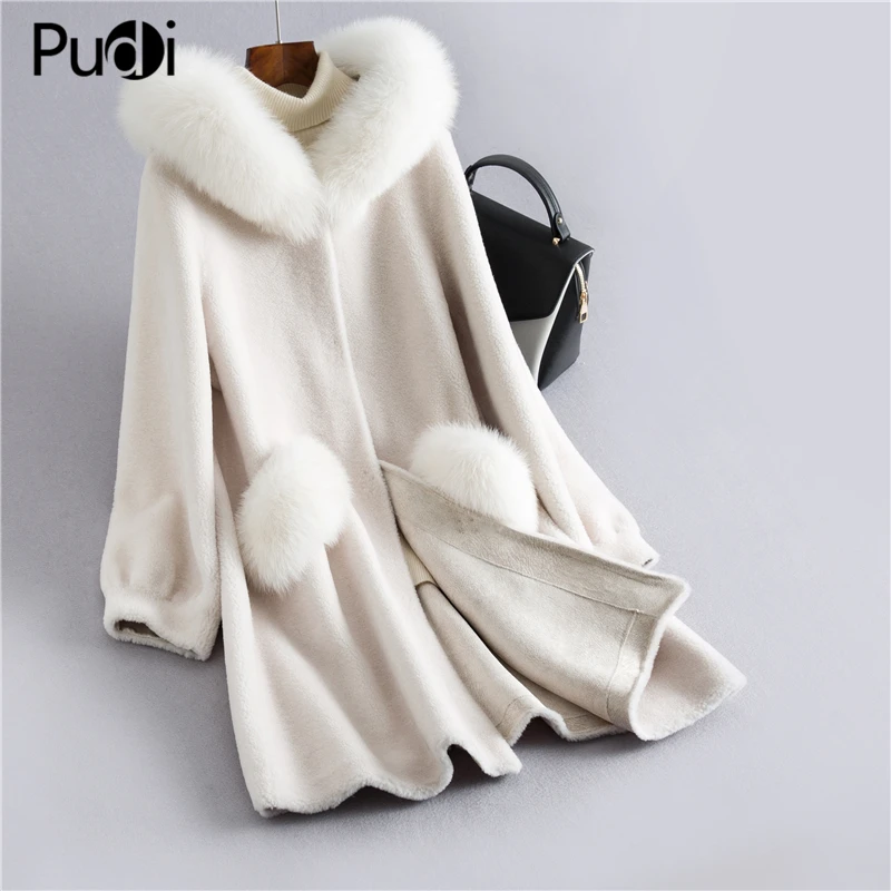 

Aorice H915 women winter real wool fur oversize jacket vest genuine fox collar hood leisure girl fur coat lady jacket overcoat