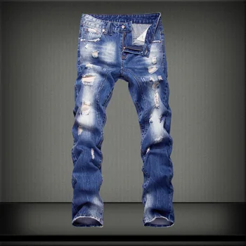 

Hole Bleached Straight Jeans Men Denim Vintage Spliced Casual Washed Ripped Cowboy High Quality Trousers Wild Tide