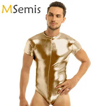 

Swimwear Mens Shiny Latex Swimsuit Wetlook Leather Zippered Leotard Shiny Bodysuit Jumpsuit Gymnastics Leotard High Cut Bodysuit