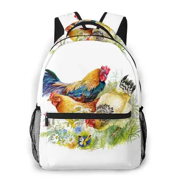 

Mountaineering Backpack Watercolor Chicken And Rooster In The Grass Shoulder Bags Backpacks