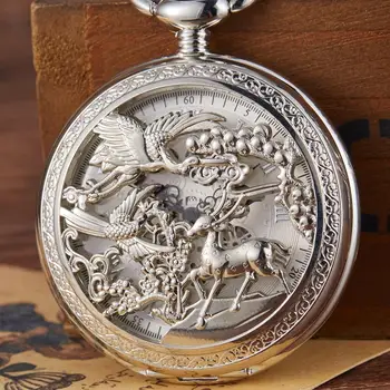 

Creative deer animal Mechanical Pocket Watch Men Hollow Steampunk silver Mechanical FOB Chain Mens Clock Reljo