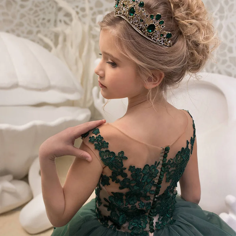Зеленое бальное платье; нарядные платья для малышей; элегантные Детские вечерние платья принцессы длиной до пола; роскошное детское платье для выпускного вечера с кружевной аппликацией