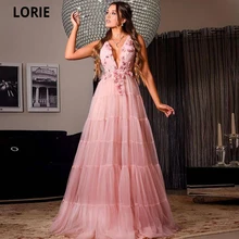 

LORIE Sexy Deep V-neck Tulle Evening Dresses 2021 For Party Tassels 3D Flowers Long Prom Dressing Gowns Vestidos De Fiesta