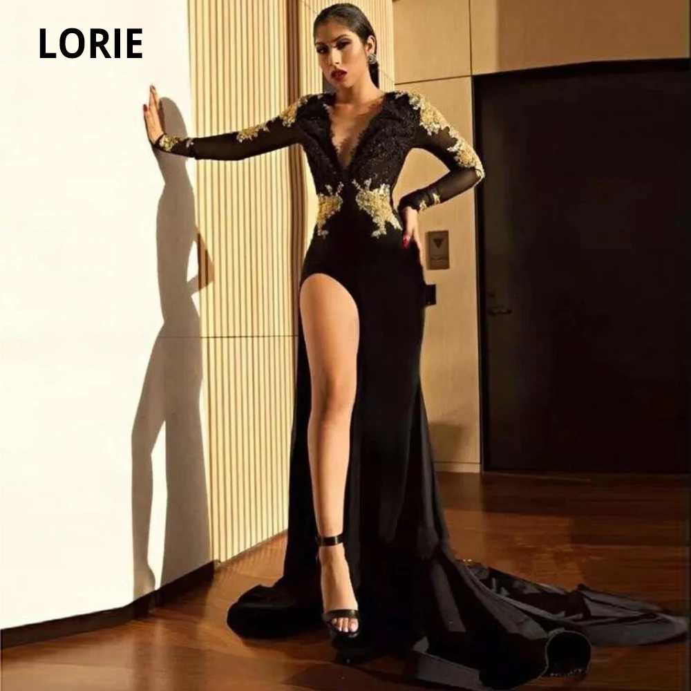 

LORIE 2020 атласные вечерние платья с V-образным вырезом с длинным рукавом элегантные черные золотистые юбки для выпускного вечера с разрезом