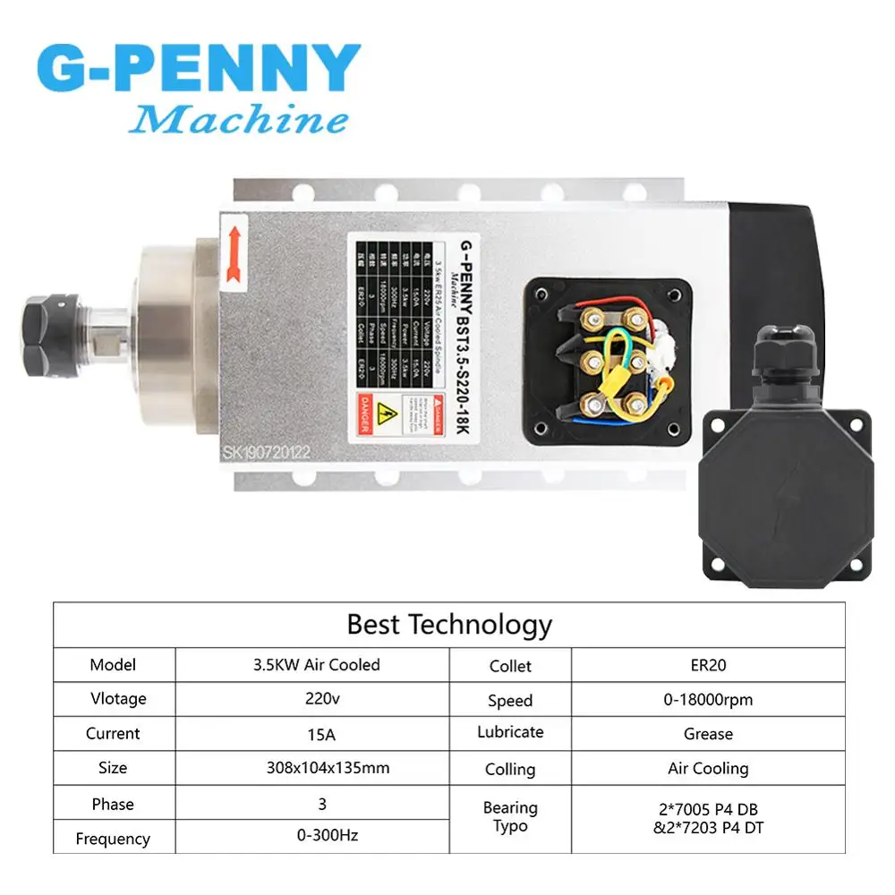 Новое поступление! 3.5kw ER20 двигатель шпинделя с воздушным охлаждением 4 шт. подшипники 0,01 мм Точность 220 В/380 В деревообрабатывающий пневматический шпиндель охлаждения