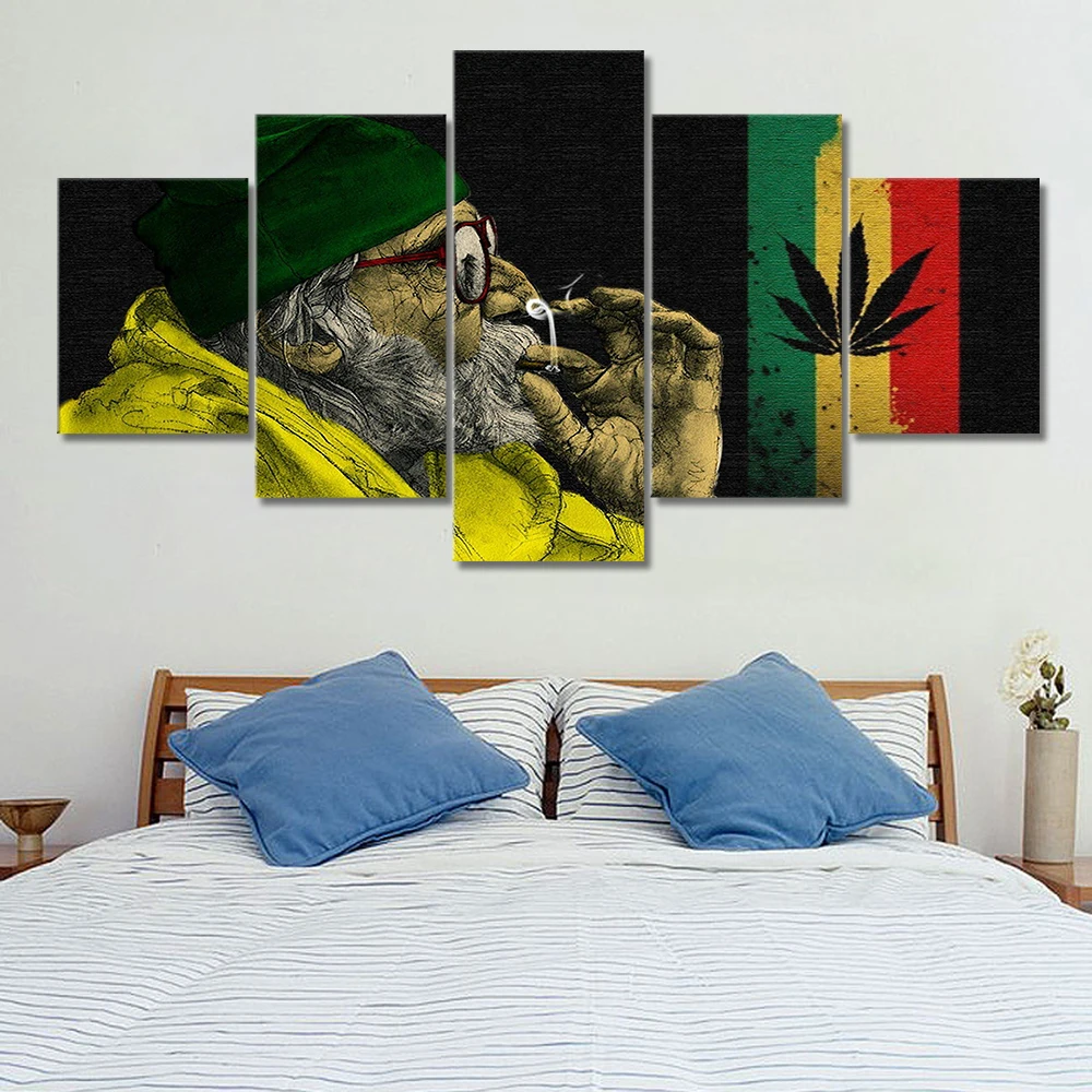 

ArtSailing 5 piece canvas art HD print weed with the old man smoking paintings for living room wall free shipping