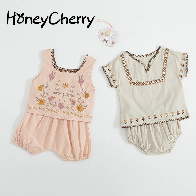 

Summer Girl set National Embroidery Short-sleeved Jacket Trousers Two-piece Cotton Suit Baby Girl Clothes