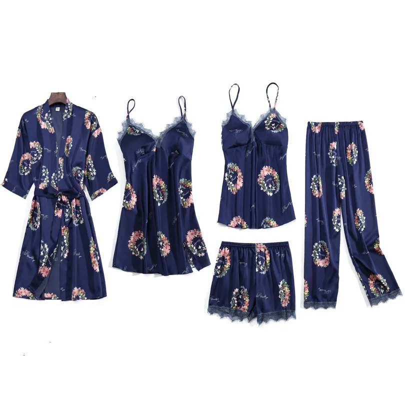 Autumn Sexy Ice Silk 5 Pcs Women Pajama Set Stain Printing Flower With Chest Pad Cardigan Trousers Set Pajamas