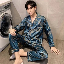 

Plus Size 3XL 4XL 5XL Mens Pajamas Autum Lounge Button Down 2pc Silk Satin Sleepwear Set Long Sleeve Printing Male Home Wear