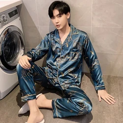 Plus Size 3XL 4XL 5XL Mens Pajamas Autum Lounge Button Down 2pc Silk Satin Sleepwear Set Long Sleeve Printing Male Home Wear