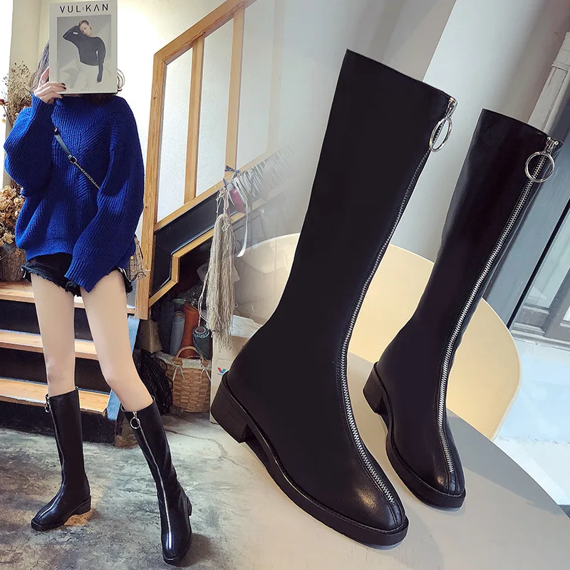 

Fashion Novelty Women Knee High Boots PU Low Square Toe Autumn Winter Boots Solid Zipper Ladies Shoes