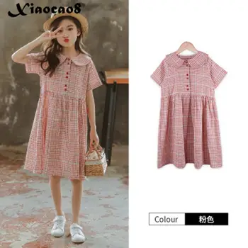 

Big Girls Dresses Kids Summer Clothes Children Toddler Short Sleeve Plaid Casual Dress for Girls 8 10 12 14Years Teenage Dress