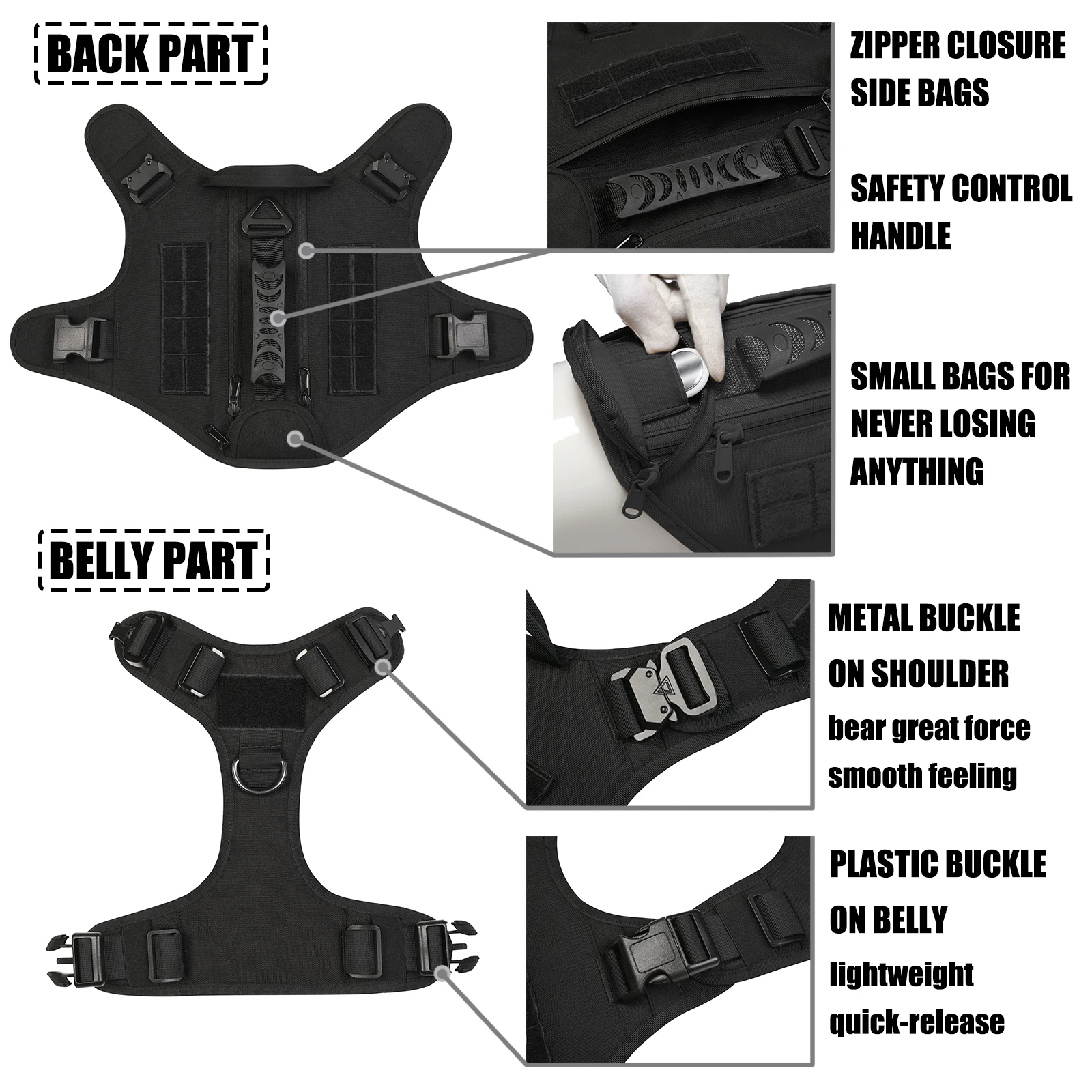 Tactical Molle Dog Harness for Large Dog Vest with Side Bags Pouches for Military Service Dog Working Training