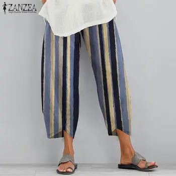 

ZANZEA Vintage Striped Pants Summer Elastic Waist Harem Trousers Casual Cotton Linen Pants Loose Pantalon Plus Size Streetwear