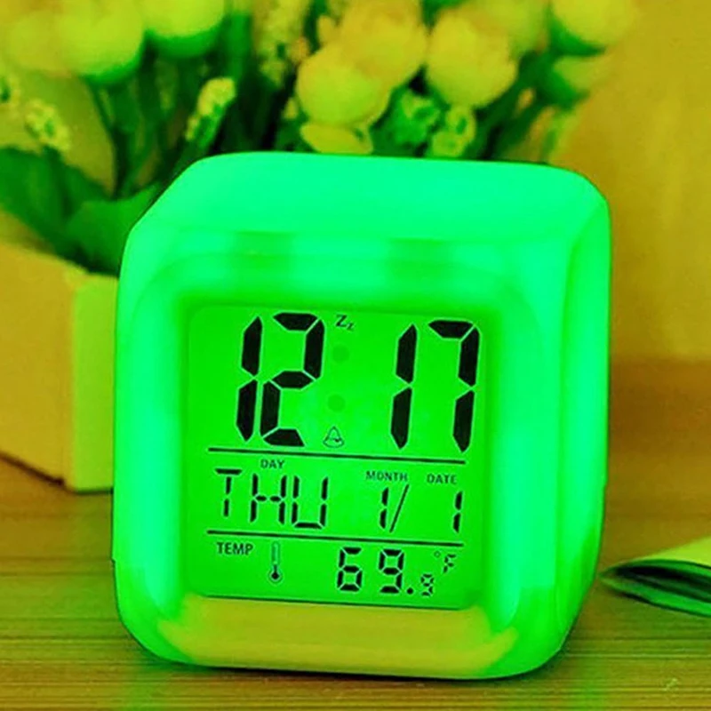 Buy 2019 New Product 7 Color Changing LED Clock Alarm Digital Desk Gadget Alarm Clock Digital Thermometer Night Glowing Cube led