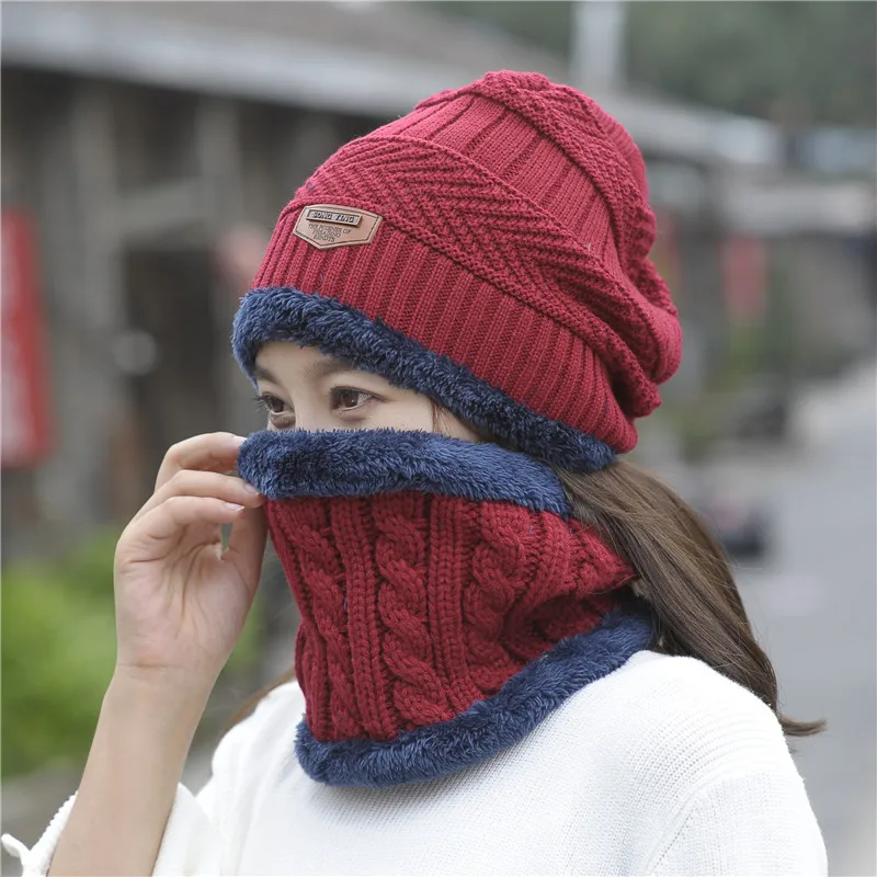 Women Scarf Hat Sets Ma'am Wool Hat Windbreak Knitting Hat Warm Increase Cashmere Thickness Scarf Integral Triangle Mark Set Hat - Color: wine red set