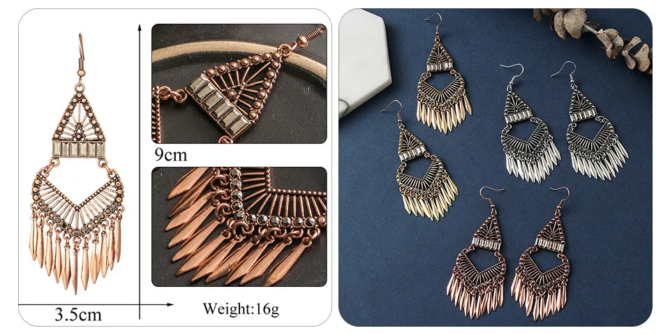 Ethnic Bronze Silver Rose Gold Color African Earrings Jewelry 14 Style Bohemian Metal Tassel Fringe Leaf Hanging Drop Earrings for Women&Girls Wholesale Dropshipping (7)