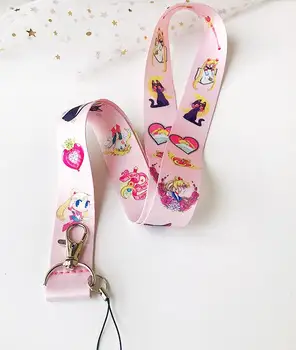 

12pcs Cartoon Sailor moon pink girl lovely Lanyard Badge ID Cards Holders Neck Straps with Keyring children Gifts Party Favors