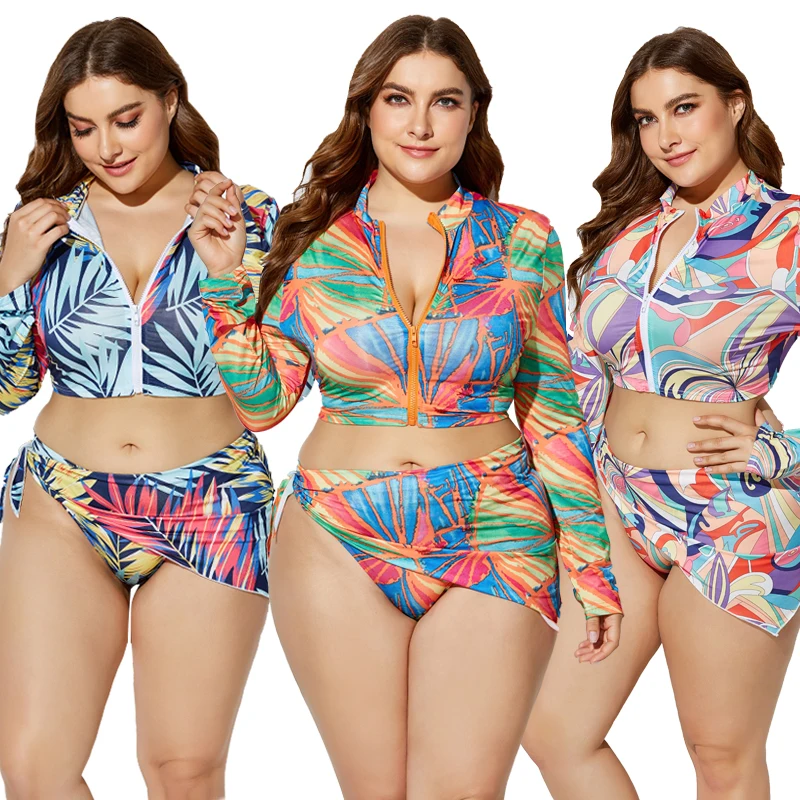 

Swimsuits 3 Pieces Set Bikinis Long Sleeve Printing Women Bathers Bikini High Neck Swim Beach Swimming Suits Large Size Bikinis