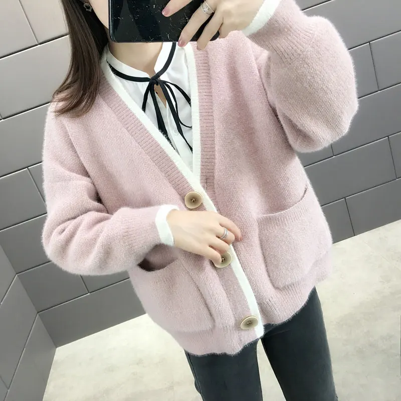 Best Price Winter New Knit Cardigan Solid Color Sweater Coat Big Button Female Loose Long Sleeve Thick Sweaters P1