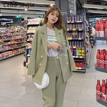 Корейские модные женские костюмы, зеленые однотонные брюки, комплект из 2 предметов, пиджак и брюки-карандаш, женская осенняя одежда