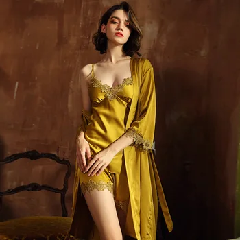 

Fashion 2020 Women Pajamas set Night Dress Faux Silk 2 Piece Stain Lace Sexy Summer Spring Sling Nightgown Robe Sleepwear
