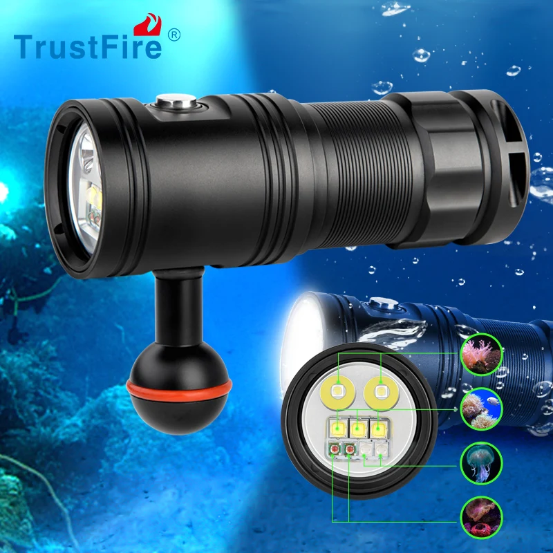 

Trustfire DF30 Diving Video LED Torch Flashlight 4 Color Photo Video Underwater Lamp Dim function 32650 Battery torch Scuba
