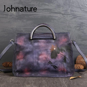 

Johnature 2020 New Genuine Leather Handbag Vintage Hand-painted Floral Women Bag Leisure Cowhide Shoulder & Crossbody Bags