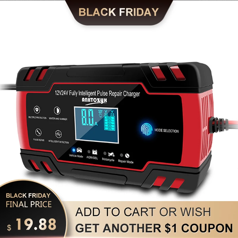 Tanie Samochód AGM ładowarka 12 24V 3 etapie LCD ekran dotykowy Pulse motocykl akumulator kwasowo ołowiowy typ naprawy AGM ładowarka samochodowa