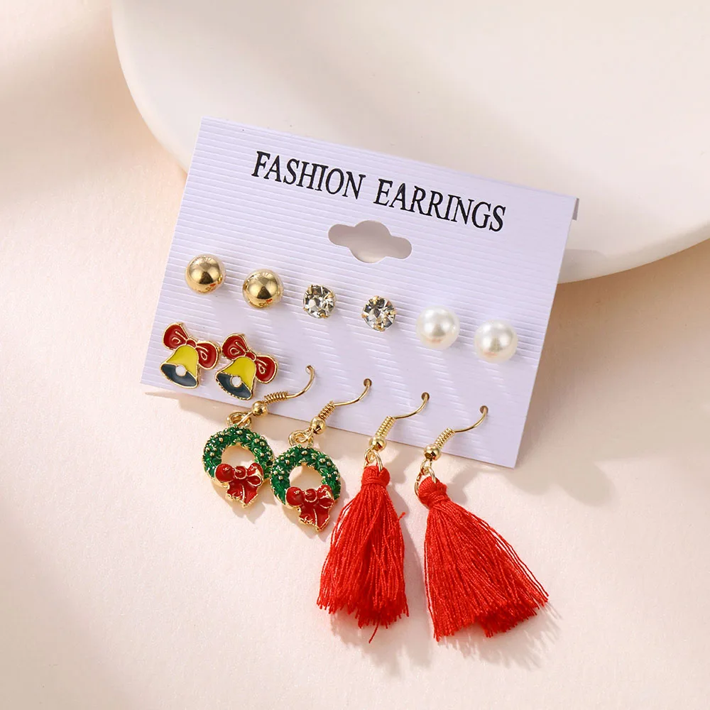 Winter Pearl Tassel Christmas Earring Set Fashion Snowflake Tree Geometric Alloy Earrings Female Child Christmas Jewelry серьги