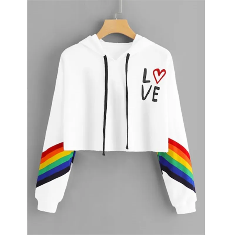  Women Hoodies Cool Sweatshirt High-street Hip Hop patchwork Long Sleeve Pullover Rainbow Hoodie Let