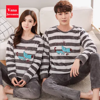 

Vana Javeasen Autumn Winter Flannel Couple Pajamas Set O-Neck Plus Size Home Pajamas 2PCS Casual Women Men Sleepwear Nightwear