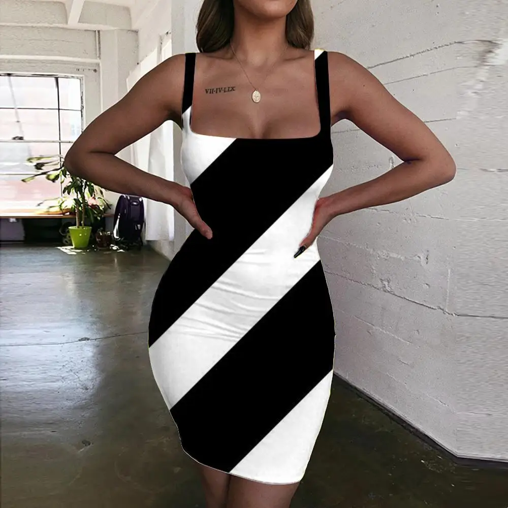 

KYKU Black And White Dress Women Stripe 3d Print Abstract Bodycon Dress Harajuku Ladies Dresses Womens Clothing Summer Short