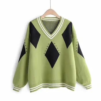 

Autumn Winter Women's V-Neck Long Sleeve Loose Sweaters Pullover Casual Sweaters Pullovers Knitted High Street Sweaters