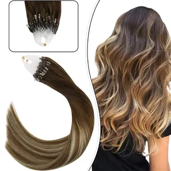 

Ugeat Micro Loop Human Hair Extensions 14-24" Machine Remy Hair Balayage Brown #4/6/613 Micro Ring Hair Extension 1g/1strand Set
