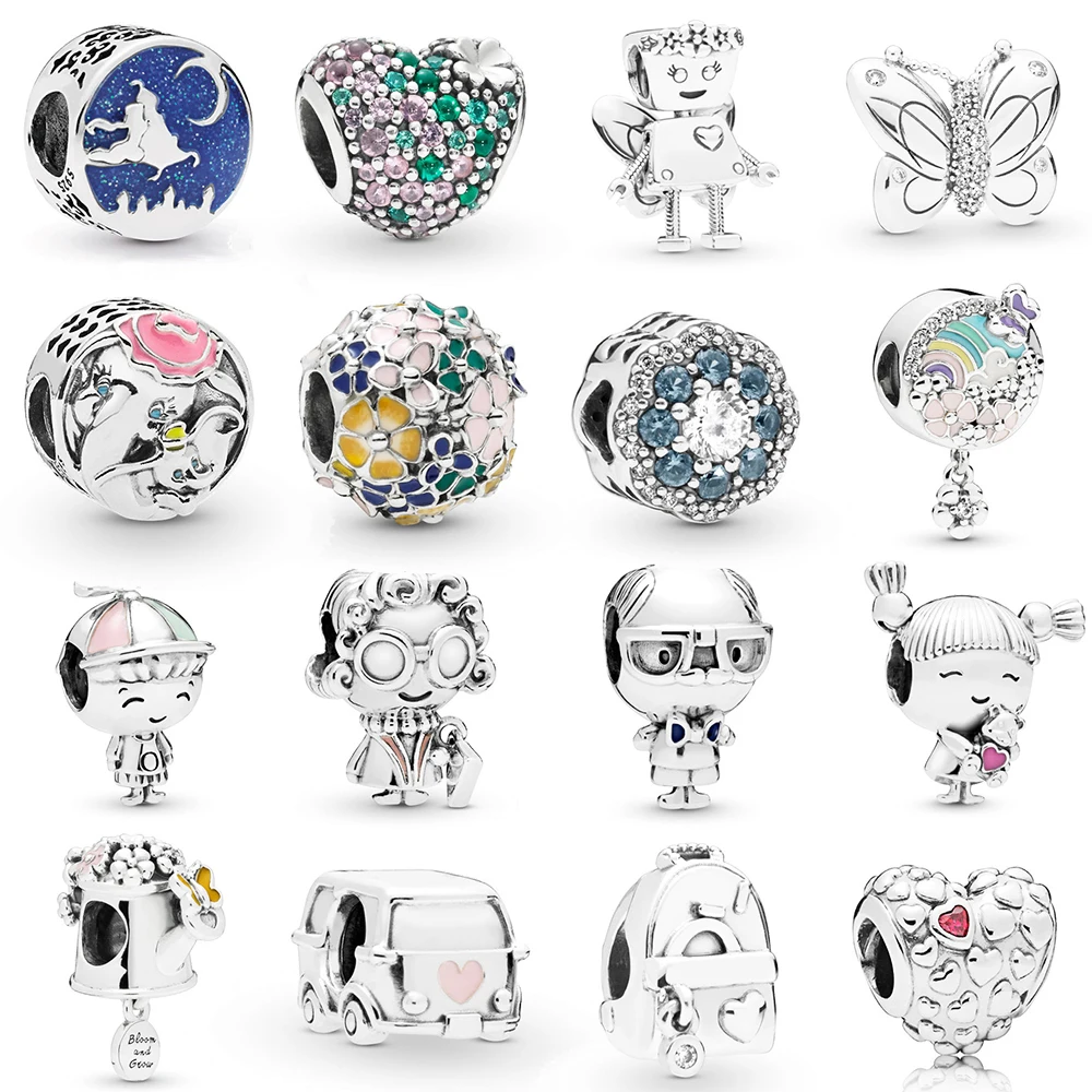 

NEW 2019 100% 925 Sterling Silver Spring Magic Carpet Ride Butterfly Robot Heart Shaped Flower Charm Fit Diy Bracelet Original
