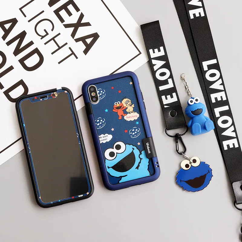 Для iPhone11 11promax 8 Plus ударопрочный бампер+ Задняя Передняя пленка для экрана из закаленного стекла для iPhone X 7 8 plus 6S 3D кунжут+ ремешок - Цвет: Синий