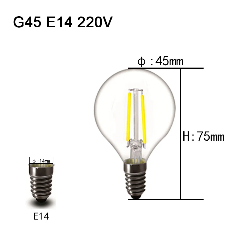 Матовый E14/E27/B22 Светодиодный светильник 2 Вт 4 Вт 6 Вт затемнения G45 COB винтажная лампа накаливания Эдисона стеклянная шариковая лампа домашний декор - Испускаемый цвет: G45 E14 glass