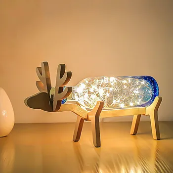 

Nordic Creative Wood Deer Lamp LED Strip Lights Blue Glass Bottle Night Lights Art Deco USB Lighting Chirstmas Birthday Gift
