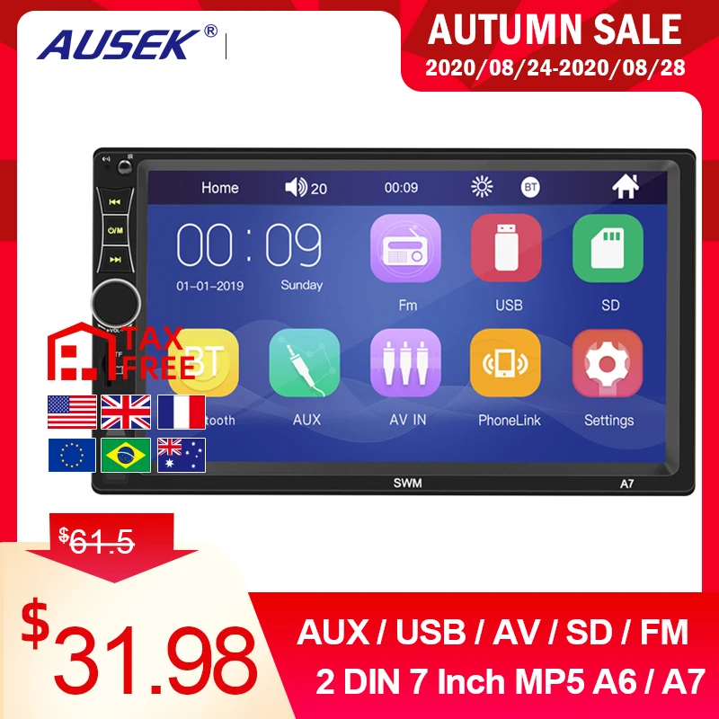 

AUSEK 2din Car Radio 7" Touch Screen Mirrorlink Bluetooth Car Stereo Multimedia MP5 Player View USB TF FM Rear Camera Auto Radio