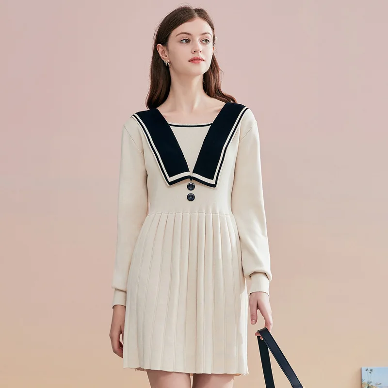 

Navy Style V-neck Women's 2020 Spring and Autumn New Long-sleeved Mid-length Striped Knitted Dress
