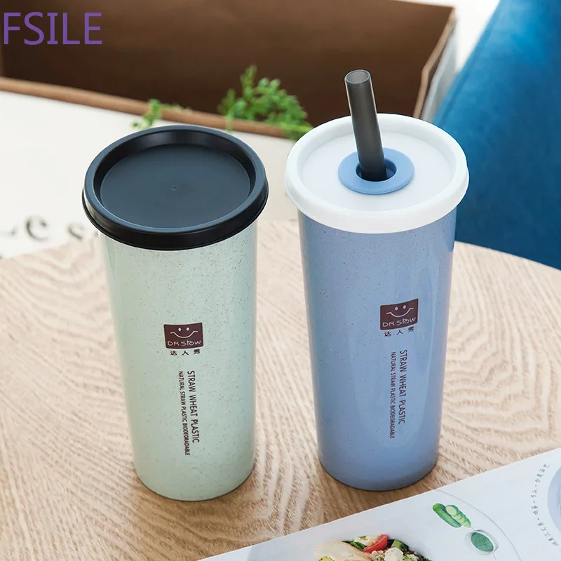 Fsile 500ml Creative with straw mug Adult student drinking a glass Travel coffee mug Single layer double cover plastic hand cup