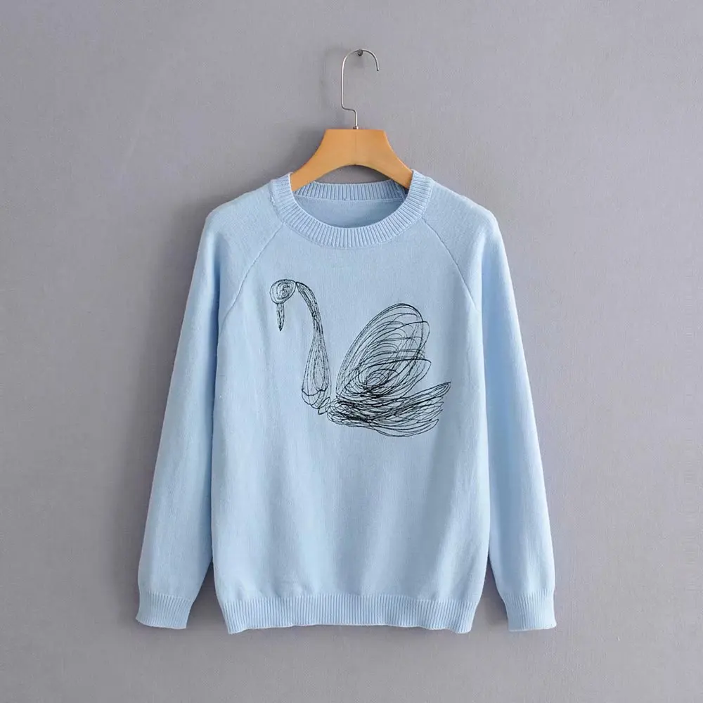 

Women Clothes 2019 Autumn and Winter Clothes Women Round Neck Swan Embroidery Pull Femme Pullover Women Sweater Women