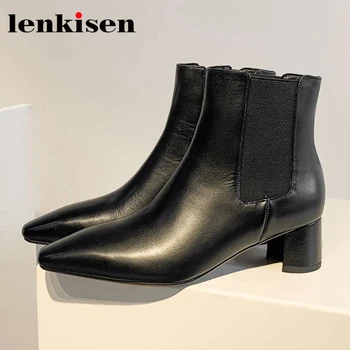 

Lenkisen 2020 genuine leather small square toe high heel Chelsea boots slip on convenient winter basic keep warm ankle boots L05