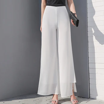 

Women Casual Trousers Fashion Wide Leg Chiffon Pants Solid Color Ankle-length Pants Lady High Street Loose Elegant Pants